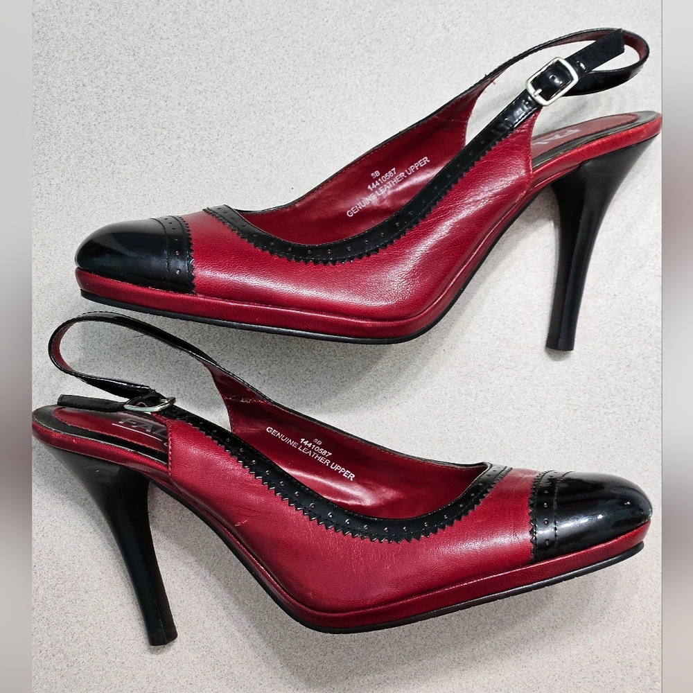 Vintage Carlos Falchi 80's Red+Black Brogue Cap-Toe Slingback Leather Heels Sz 8